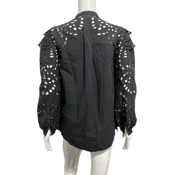 ALBERTA FERRETTI Black Eyelet Embroidered Lace Tiered Shoulder Overlay Blouse 2 - Picture 4 of 7